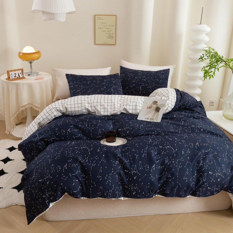 ECOCOTT Duvet Cover King, 3 Pieces 100% Natural Cotton 1 Duvet Cover +2 Pillowcases Bedding Set,Navy and Cosmic Constellation Reversible Printed Pattern Breathable and Durable Duvet Cover King Size - Image 5